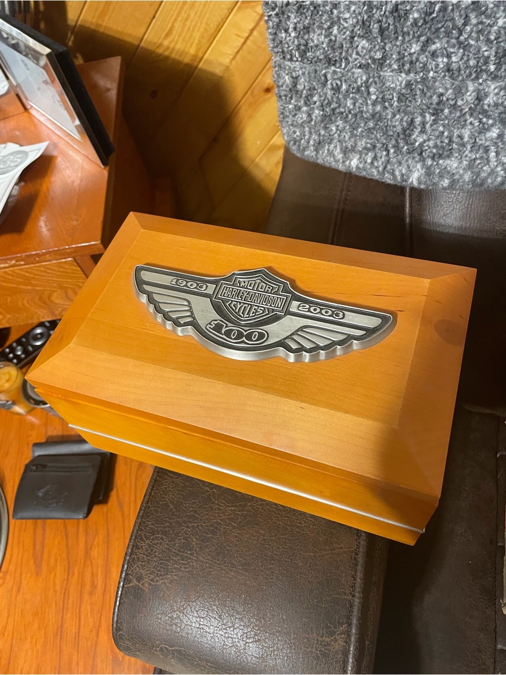 Harley-Davidson Orange Wooden Jewelry or Keepsake Box with Silver Emblem
